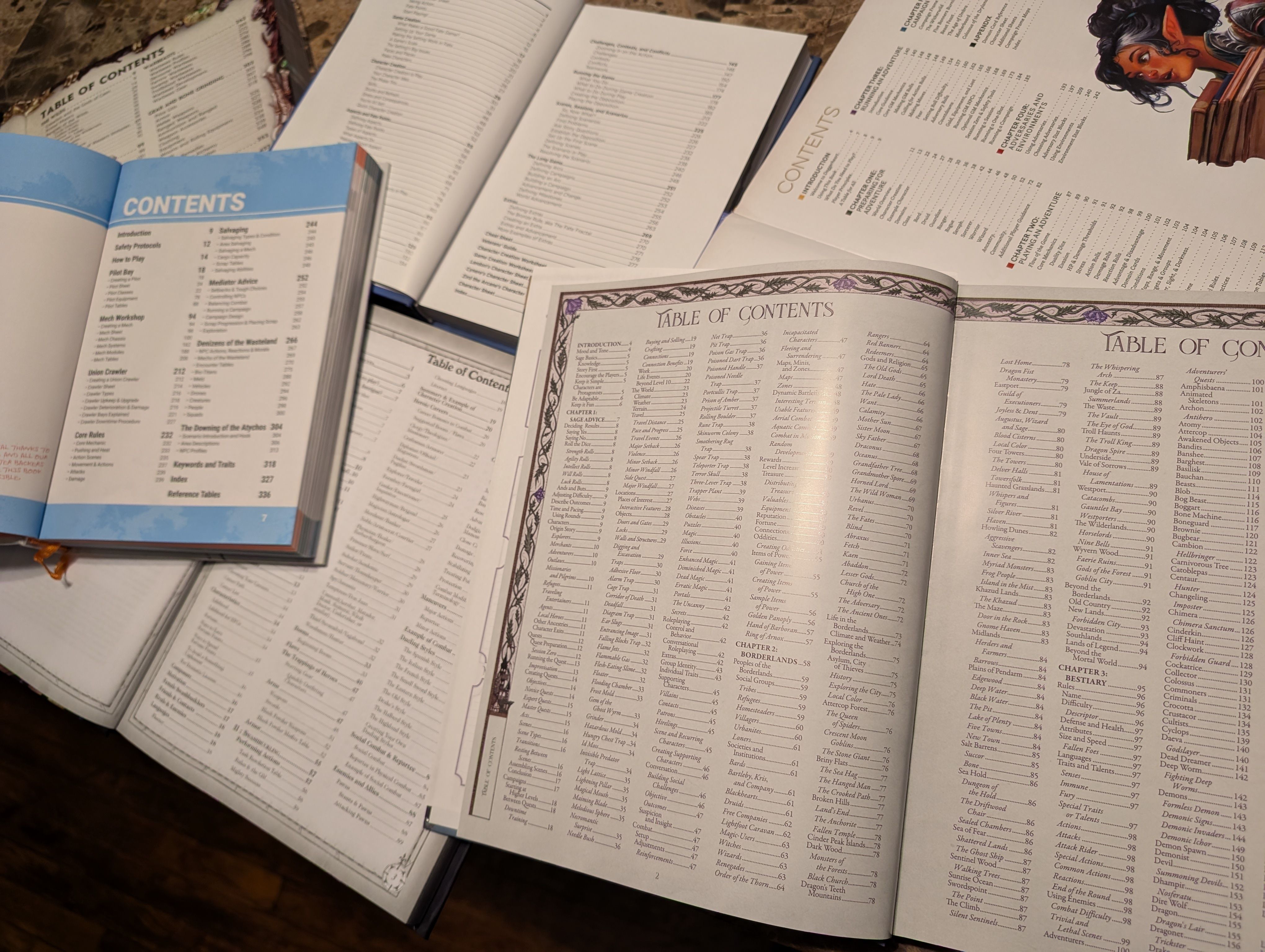 A pile of Table-top Roleplaying game books opened to their Contents pages.